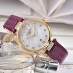 Perfect Replica Longines Yellow Gold Diamond Case Purple Leather Strap 32mm Women's Watch